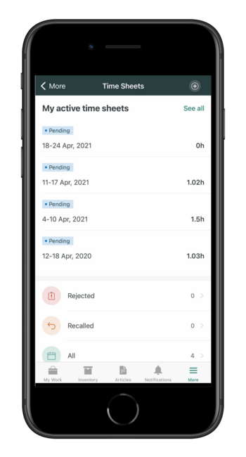 Vue mobile de l’application d’un agent affichant les feuilles de temps actives.