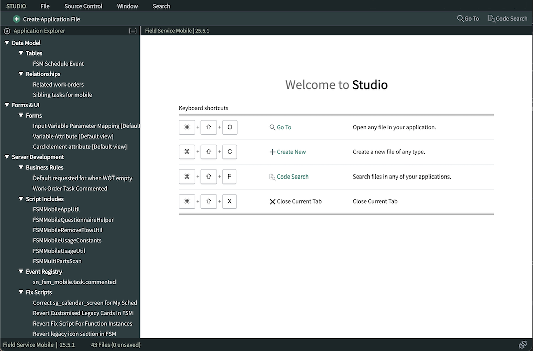 Studio ouvert avec le point de départ de Field Service Mobile.