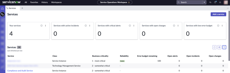Seite „Services“, die die Liste Ihrer Services anzeigt