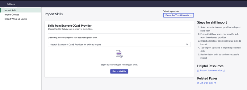Admin console skills import screen showing beginning state
