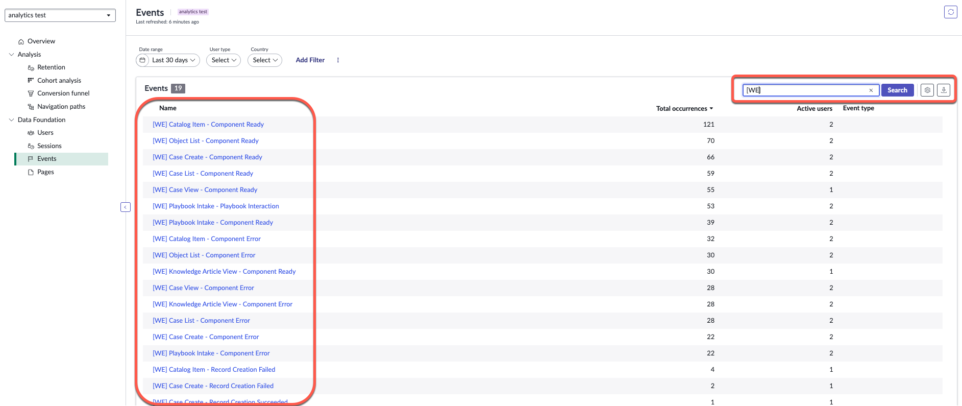 Usage Insights Events page shows Web Embeddables component events list with search functionality, displaying event names, total occurrences, active users, and configurable filters for analysis.