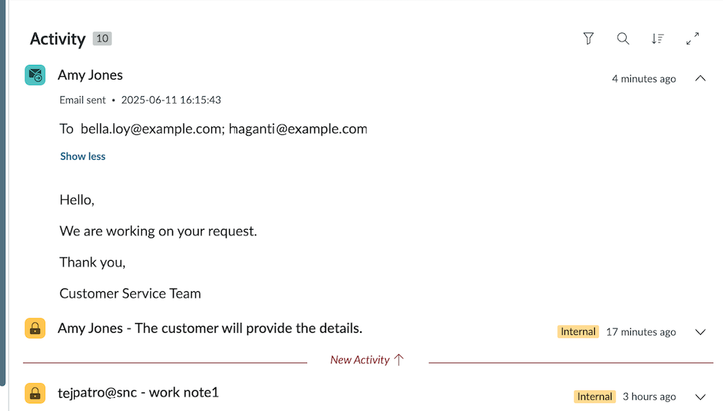 Activity stream shows the latest email annotated with the New Activity marker.