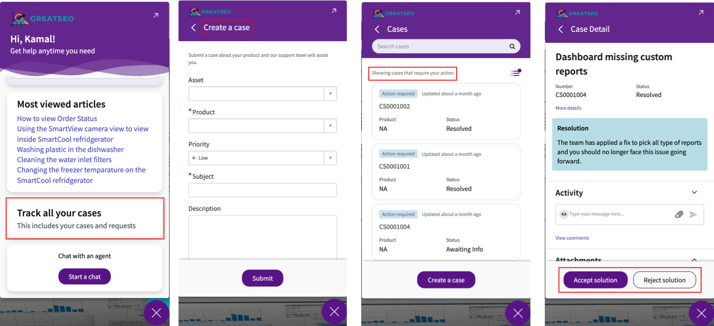 Case management chat windows that customers can see on the customer portal. For the text description, refer to the text that follows.