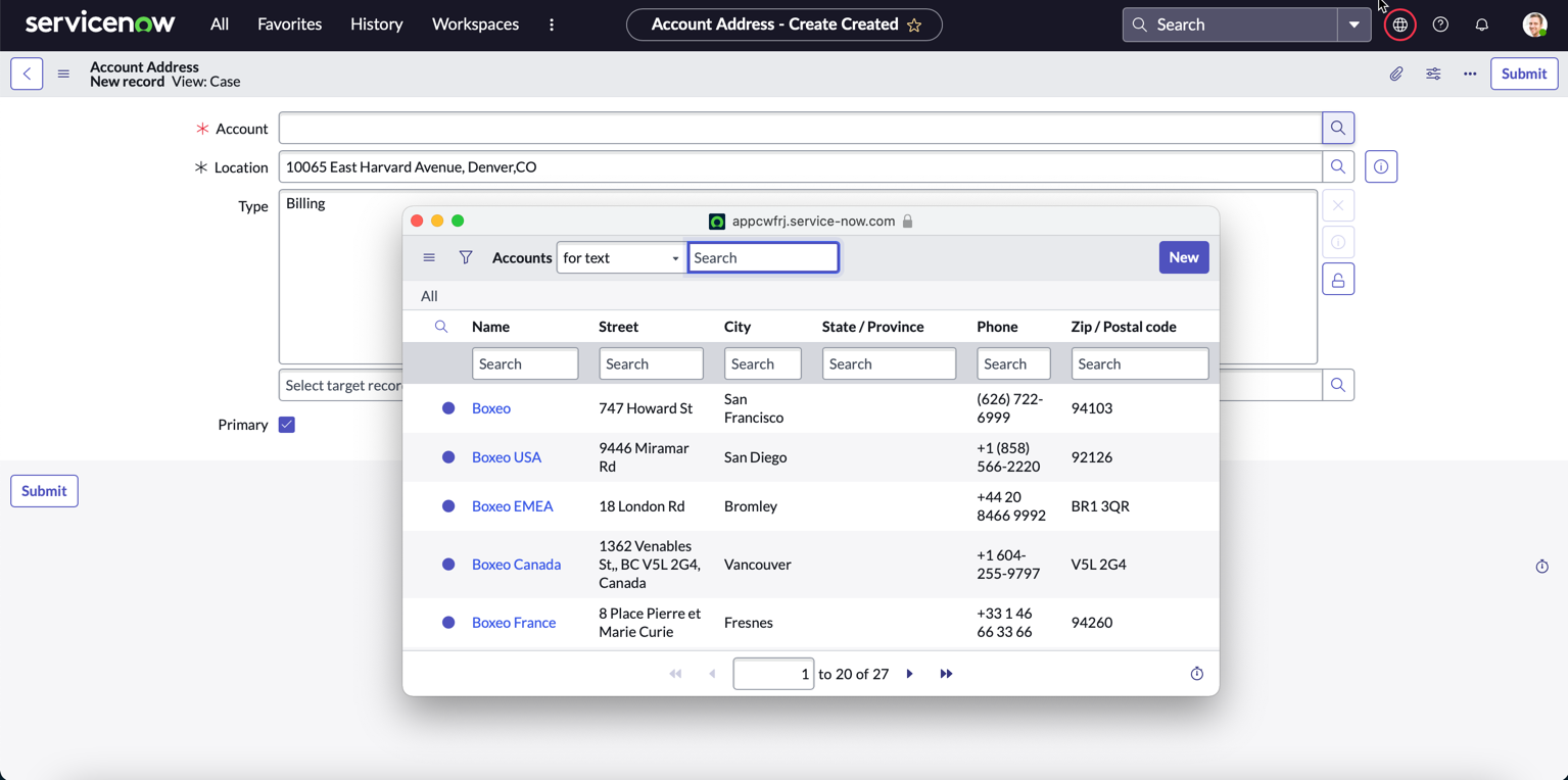 Pop-up window displaying address sharing between non-related accounts form.