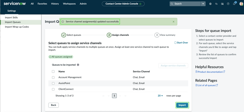 Import queues with assigned service channels