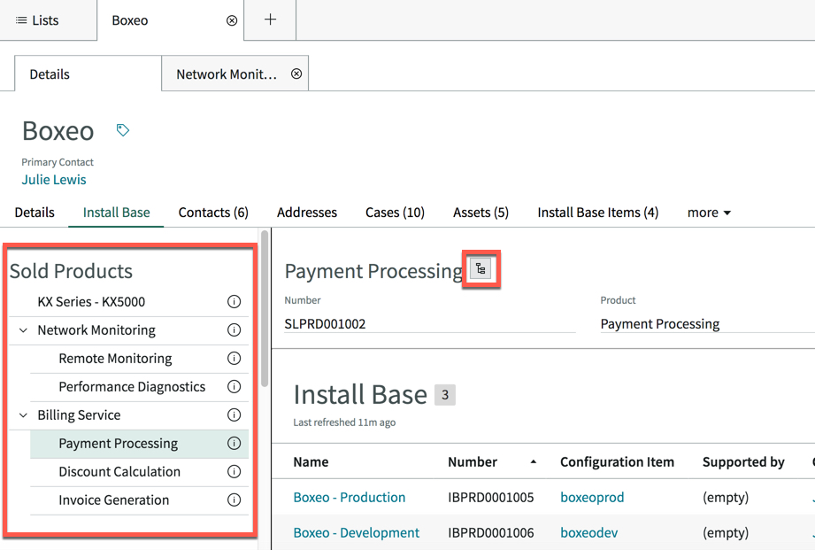 Install Base tab for the account includes information about Sold Products and the associated install base items.