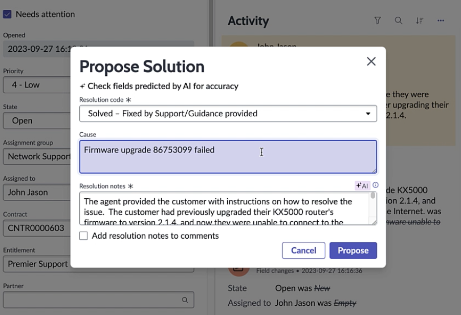 AI-generated resolution information for a case record.