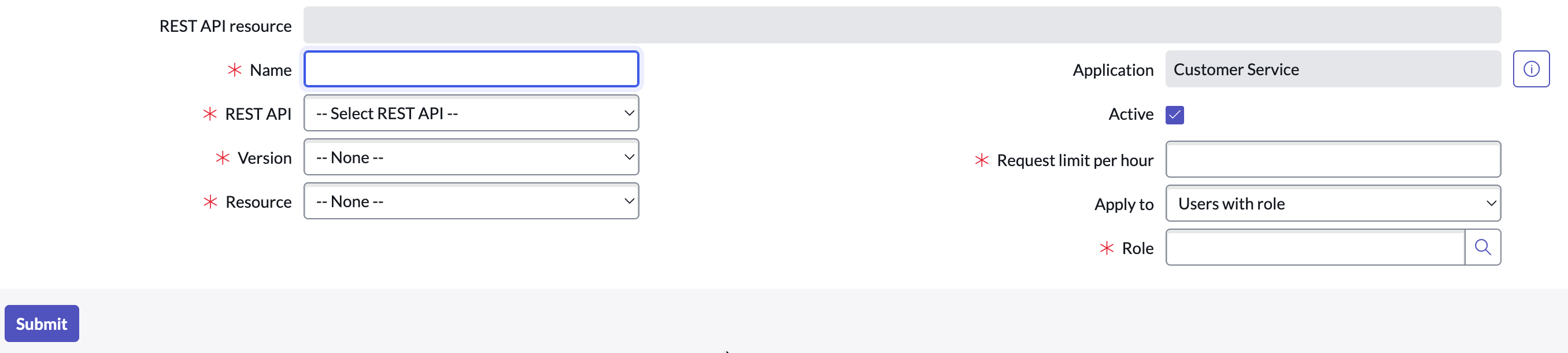 showing rate limit rules form