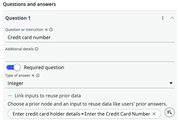 Question related to credit card number in a decision node that reuses the answer from the start node.