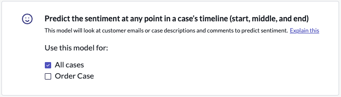 Case sentiment model screen with options to select the case type for sentiment prediction.