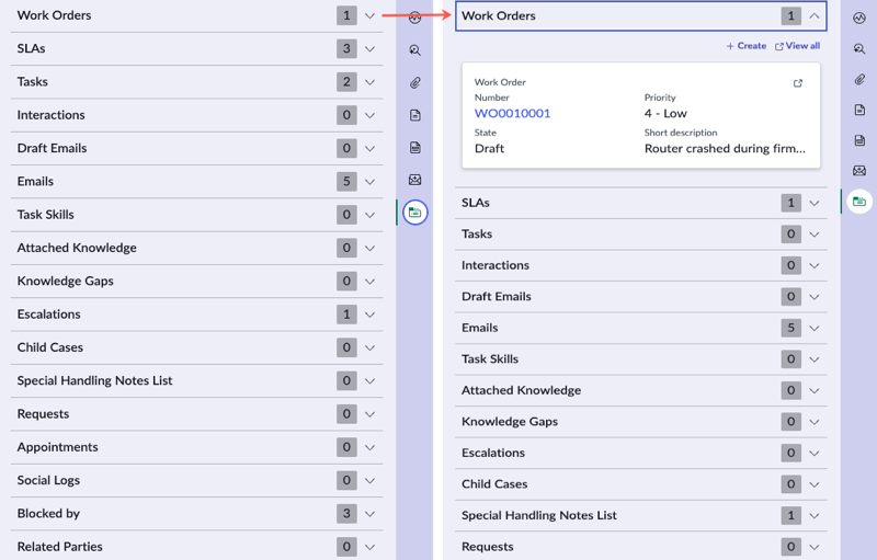 The playbook related items component in the contextual side panel uses an accordion format to expand and display related list items