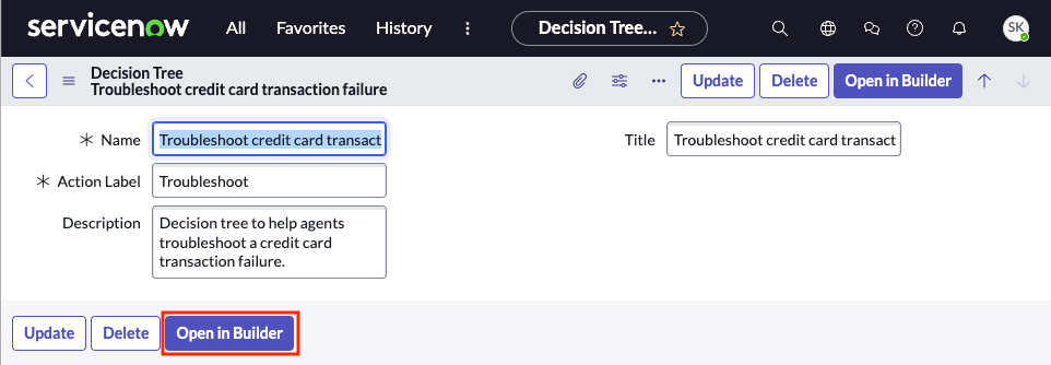 After entering the details in Decision tree new record and submitting the form, the Open in Builder button is shown.