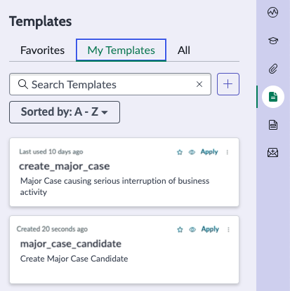 CSM Configurable Workspace templates tab in the contextual side panel displays available templates to the user