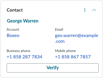 Lookup and verify contact card includes the contact name plus selectable fields for account name, email address, and phone numbers