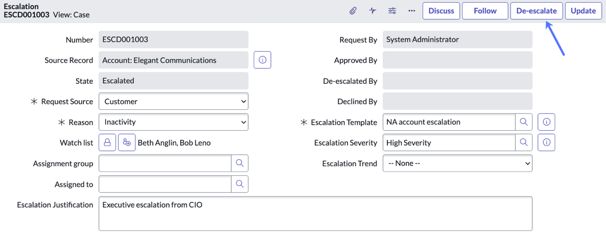 Escalated case form with De-escalate UI action in the form header