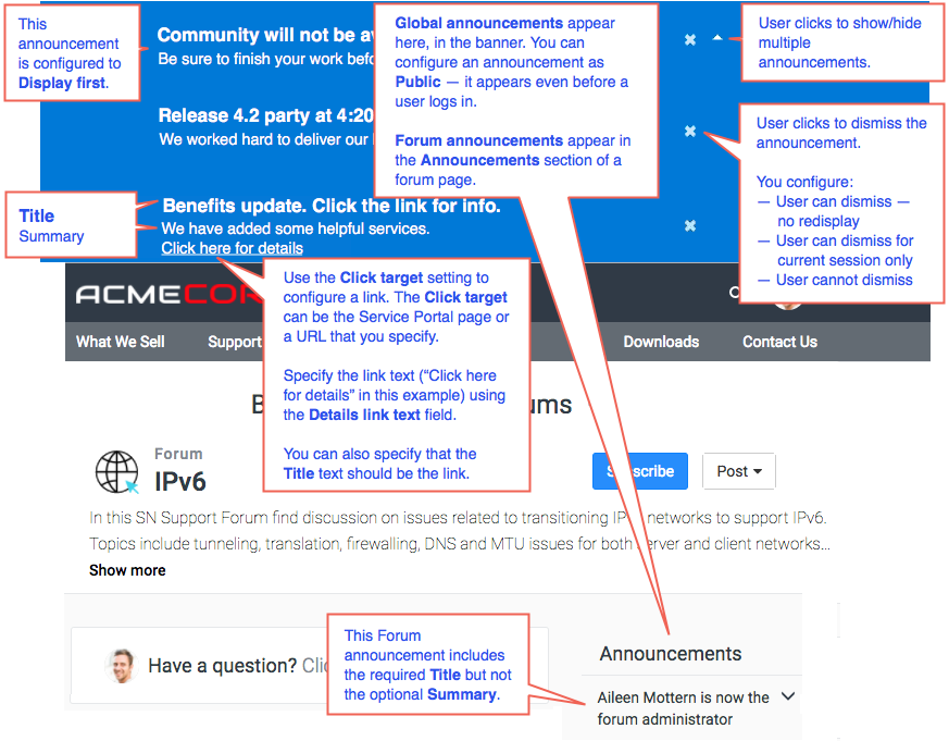 Community announcements page displaying global and forum announcements with options to hide or dismiss the announcements.