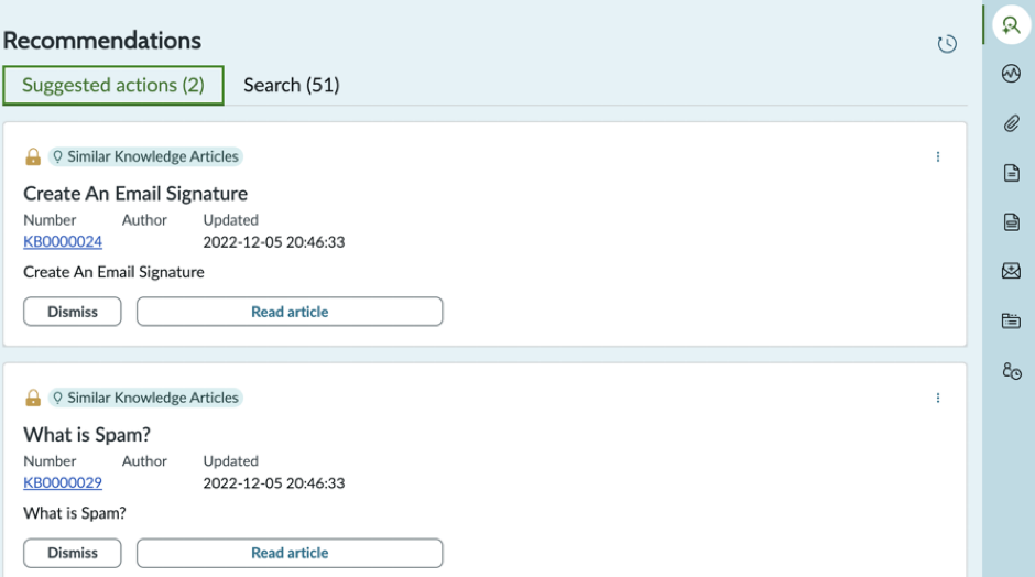 Recommended actions and Search tabs in the contextual side panel in CSM Configurable Workspace