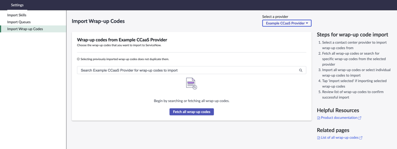 admin console wrap-up codes import screen showing beginning state