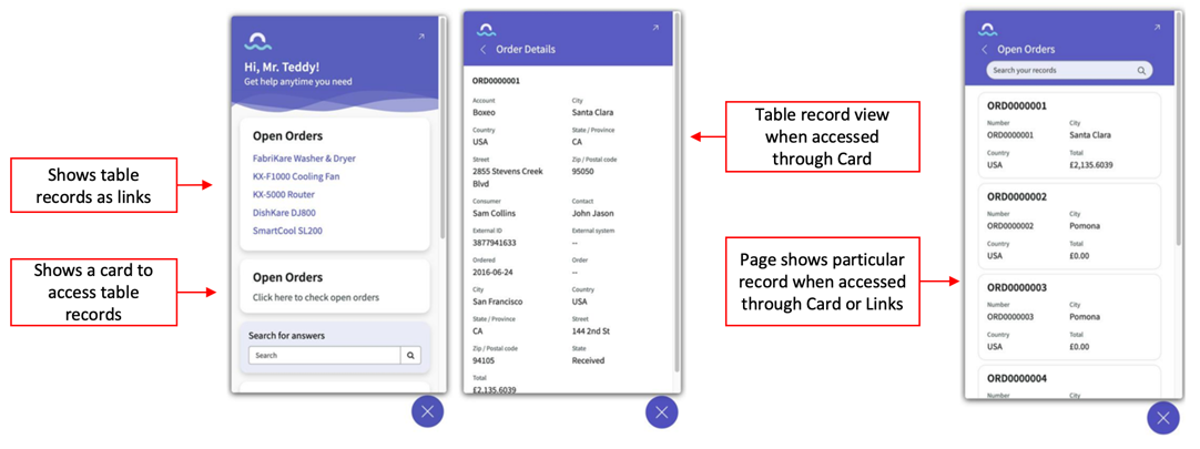 Engagement messenger view of open orders and their details, displayed in a table record view or list view when accessed through Card or Links.