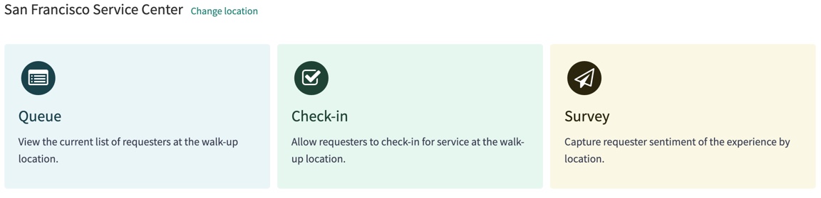 Walk-up application screen with tiles for Queue, Check-in, and Survey.