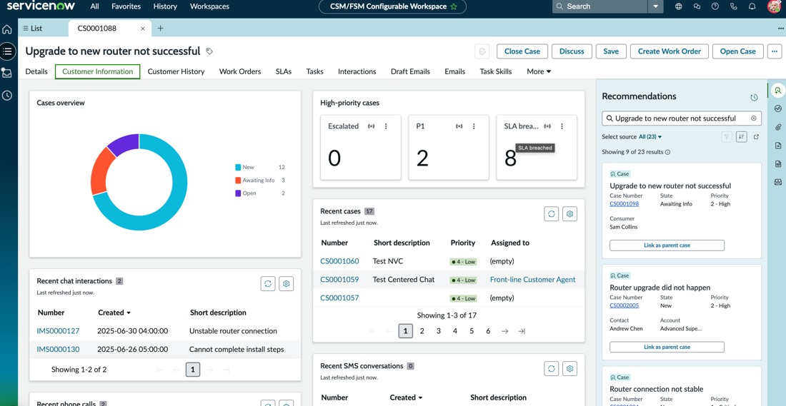 Customer Information tab displaying customer contact information and recent engagements with the customer, including chat interactions, high priority, and recent cases and phone calls.