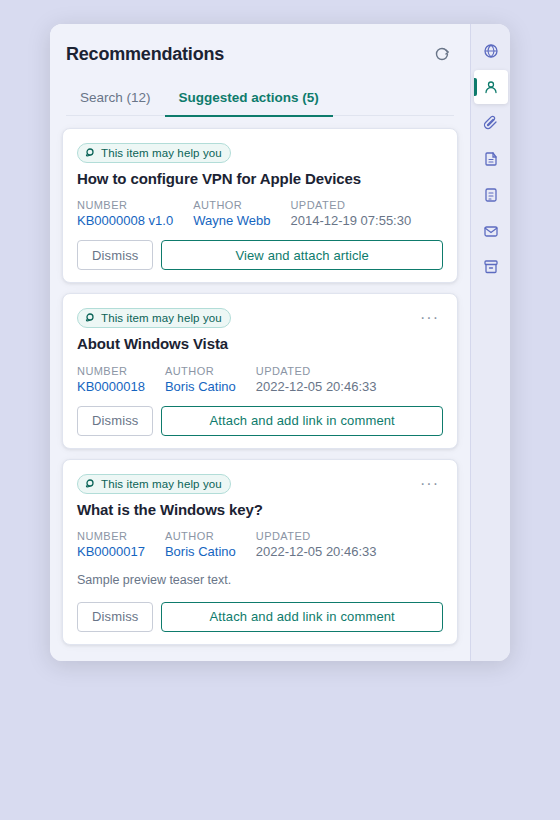 Anleitungskarten, die dem Service Desk-Mitarbeiter empfehlen, einen wissensartikel anzuzeigen und anzuhängen oder den Link im Kommentar als primäre Aktion anzuhängen und hinzuzufügen