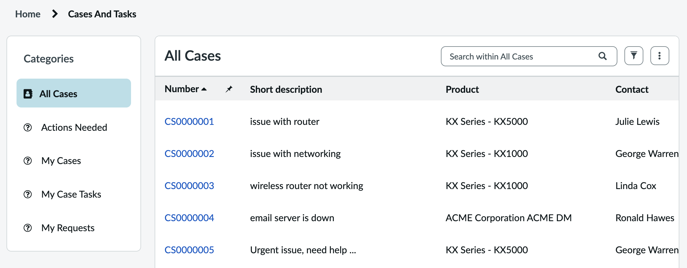 Portal Data List widget displaying different cases and their details in list format.