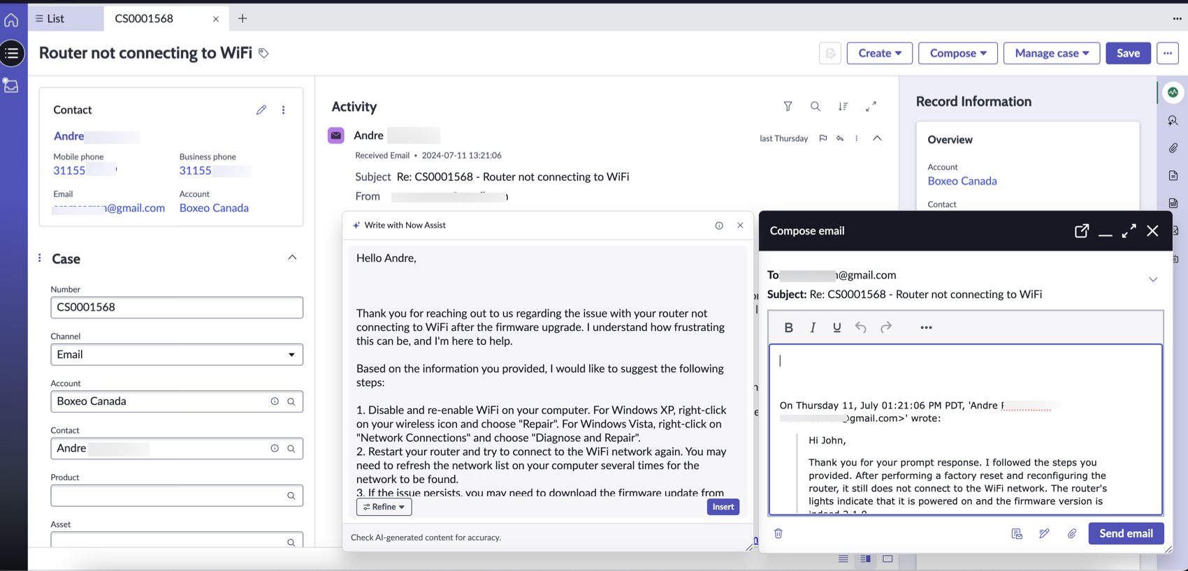 Pop-up window that an agent can use to generate a recommendation and review it before sending it as a reply in an email.