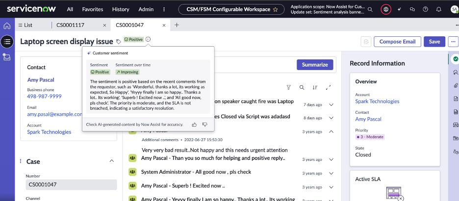 Sentiment analysis case form view that displays the reasons for the sentiment