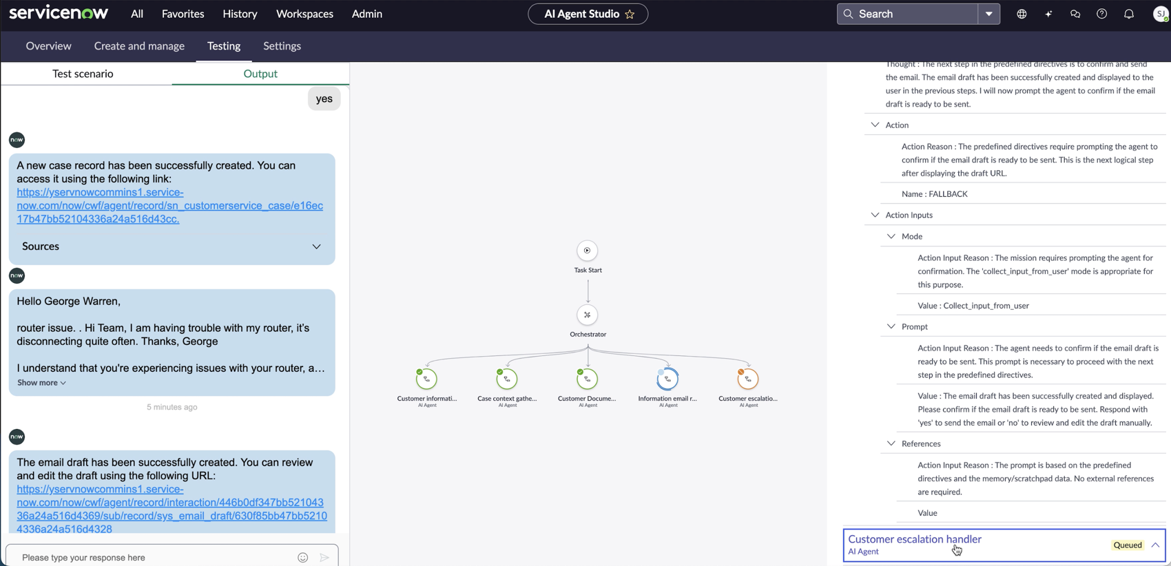 AI Agent Studio showing the testing output for Triage cases agentic workflow.