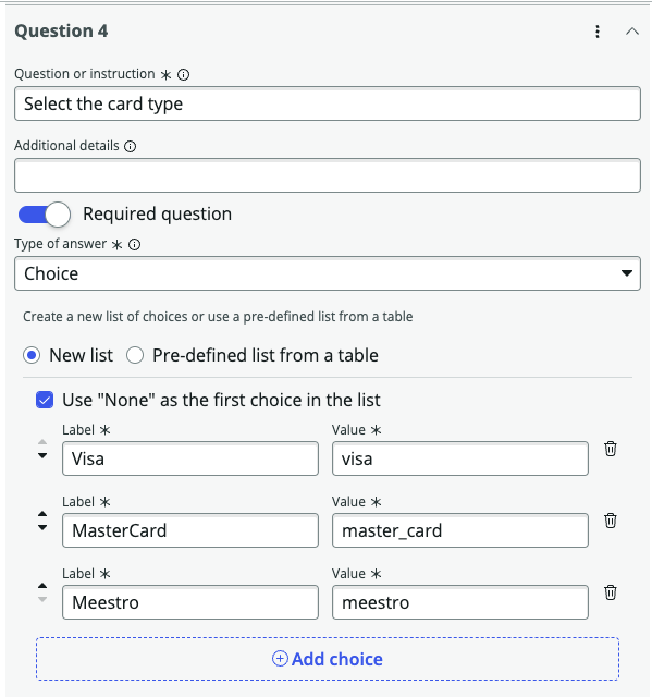 Question 4 for asking the card type and the answer type selected as choice. The choice list includes options such as Visa, MasterCard, and Meestro.
