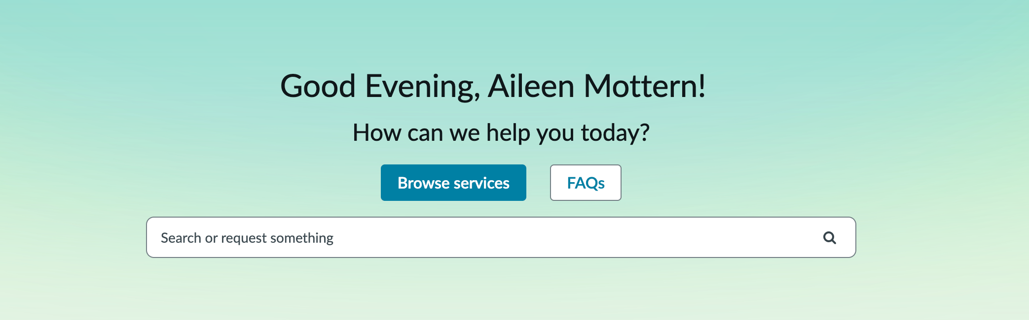 Portal Banner widget displaying greeting message, shortcut buttons, and search field on the portal page.