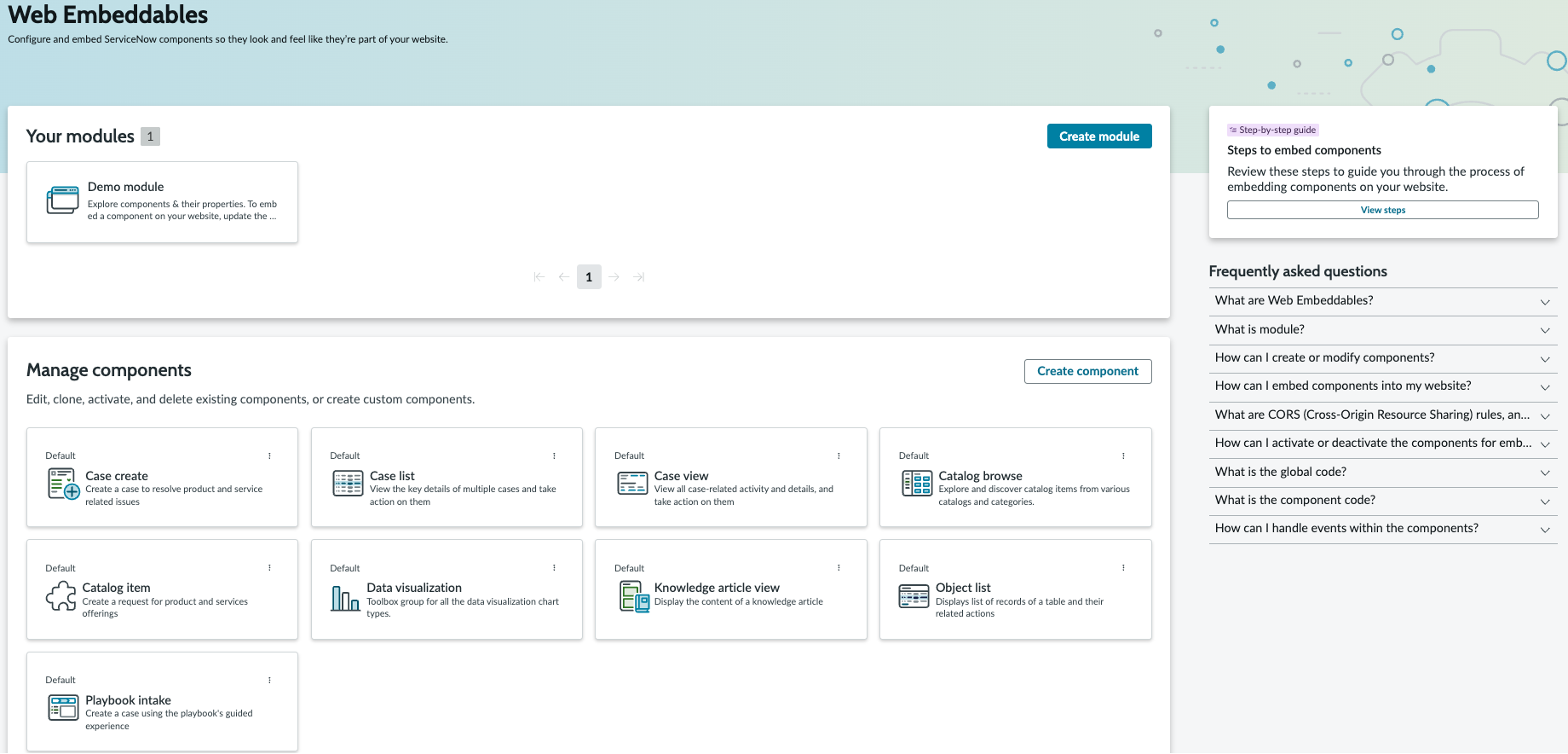 Web Embeddables homepage featuring steps for embedding components, exploring components, and an FAQs section.