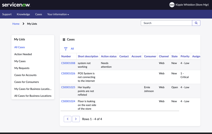 Filter options for My Lists widget on the Business Location Service Portal.