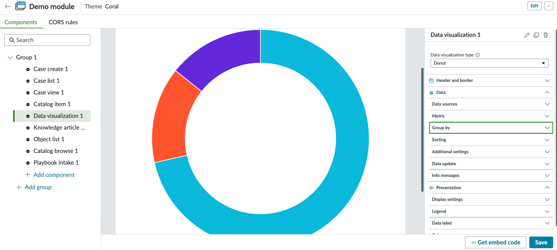 Data visualization component instance displaying a donut chart that displays cases for 2-4 weeks.