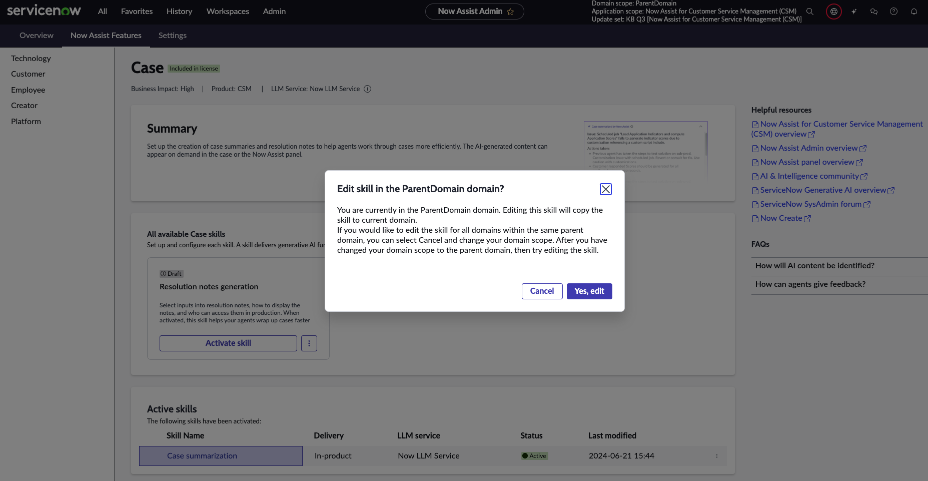 Confirmation modal pop-up window that indicates the skill configuration is being edited in the current domain.