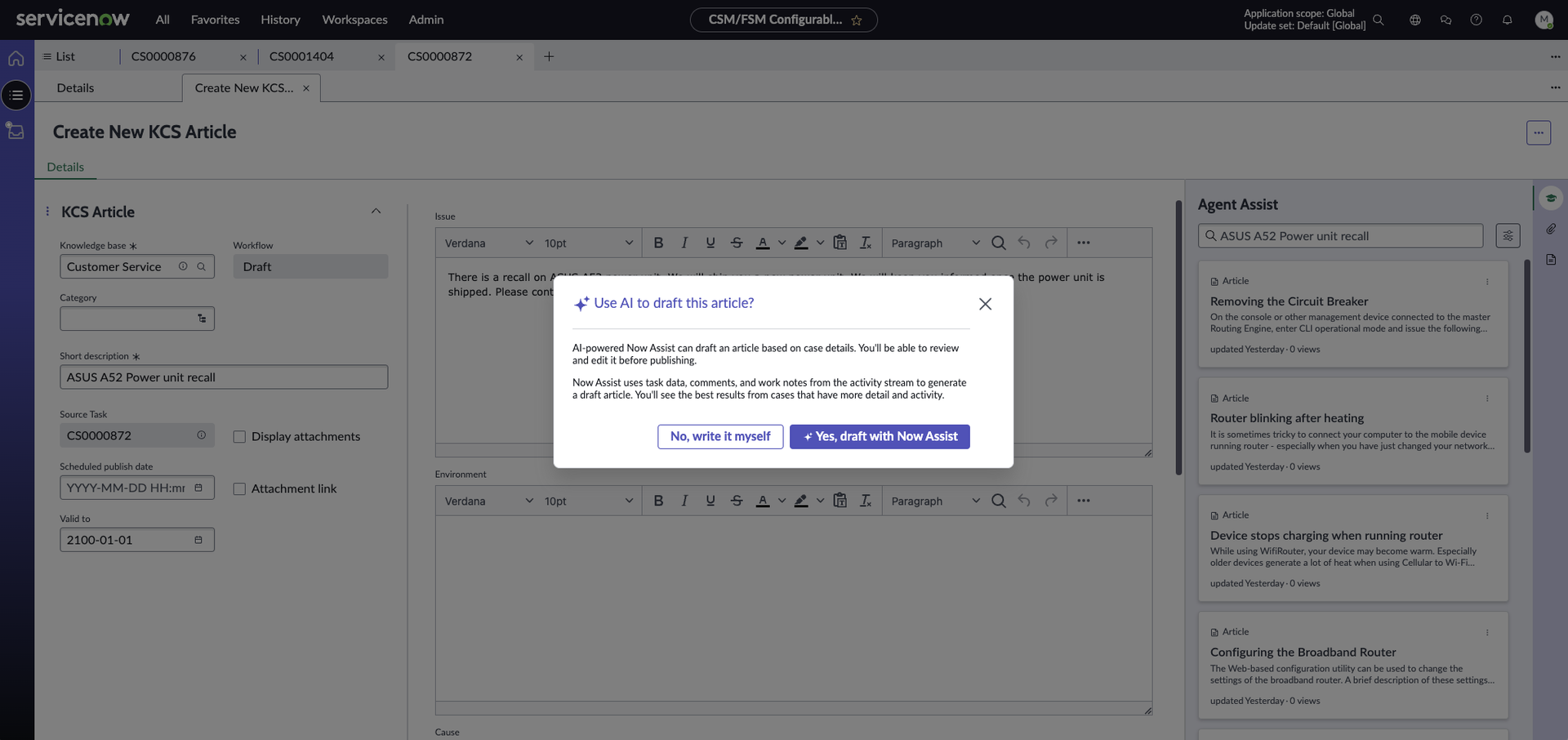 Enable Now Assist in CSM for KB article generation.