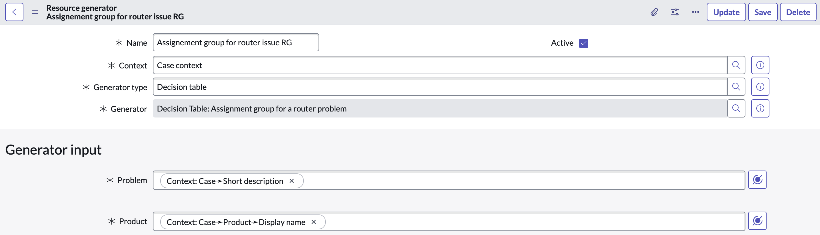 Resource generator configuration for Assignment group for router issue RG, using a decision table with inputs for Problem (case short description) and Product (case product display name).