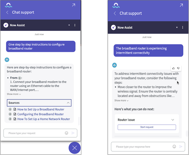 Engagement Messenger displaying a conversational interface with Now Assist in Virtual Agent enabled.