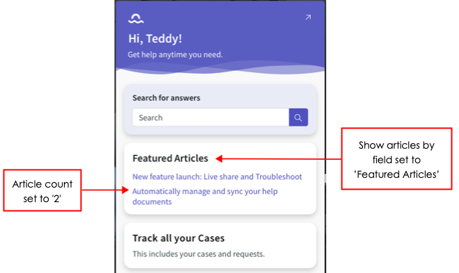 Knowledge feature widget displaying a list of featured articles with the article count set to 2.