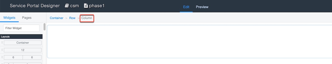 Service Portal Designer banner displaying the Column breadcrumb.