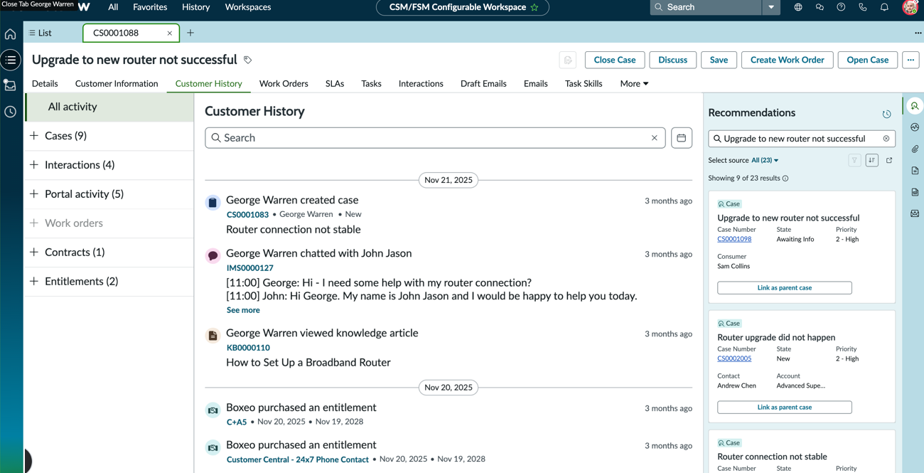 Customer History tab listing different categories of customer engagement activities and the activity feed details for a selected facet.