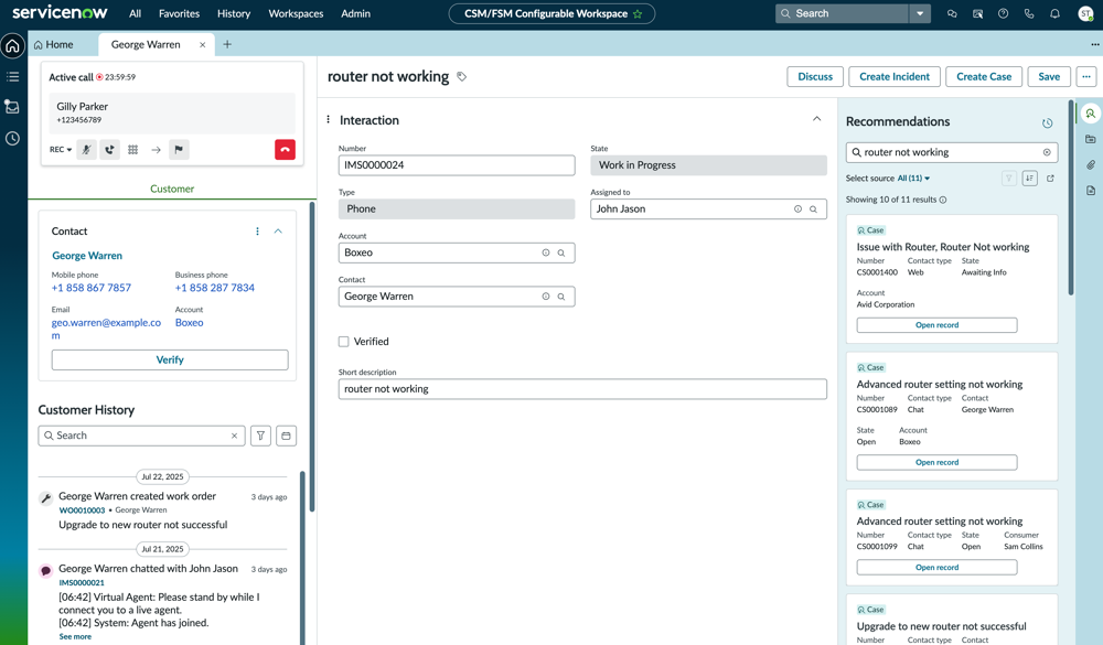 CSM voice interaction record page with the Interaction Controls Component and Customer History component displayed in the side panel.