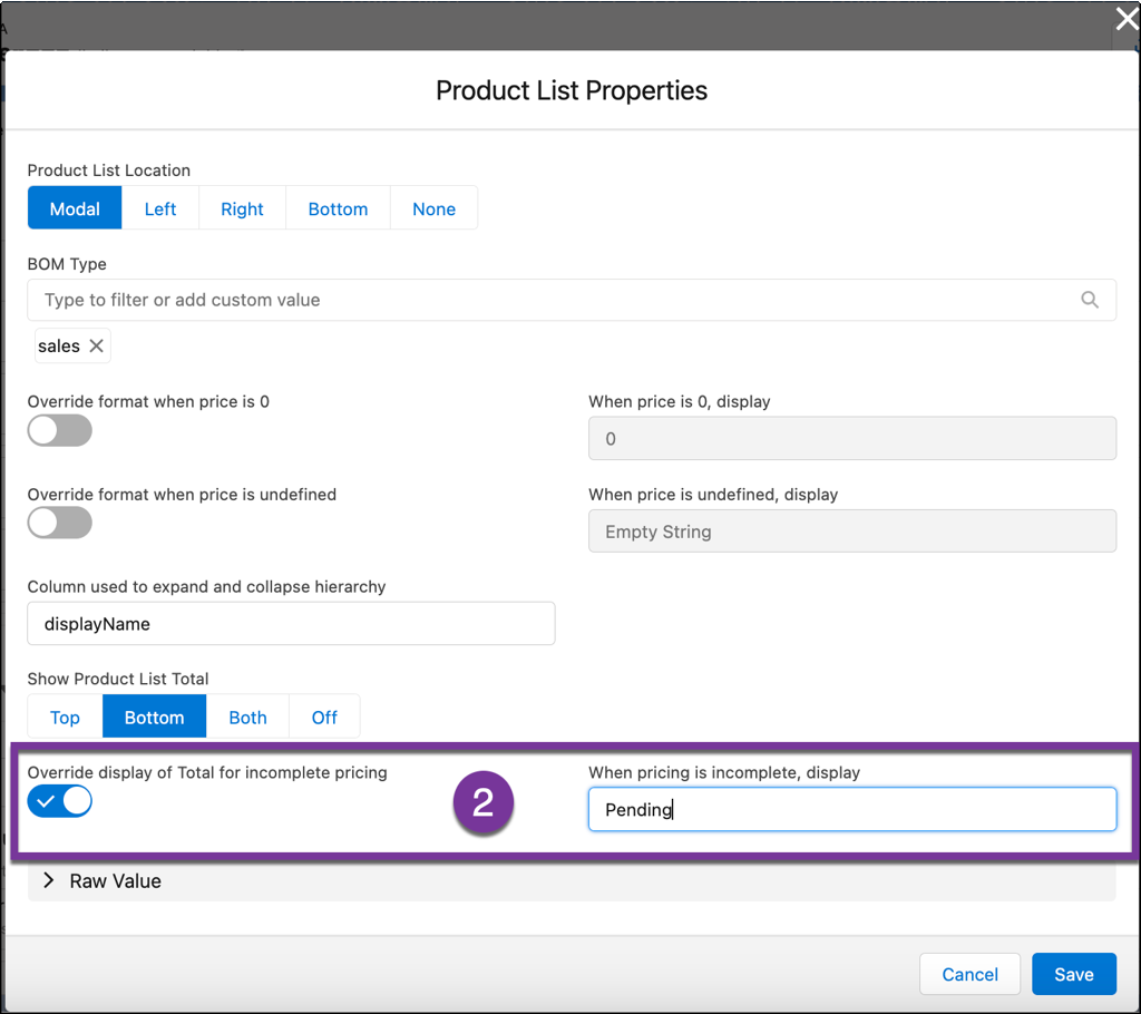 Propriedades da lista de produtos