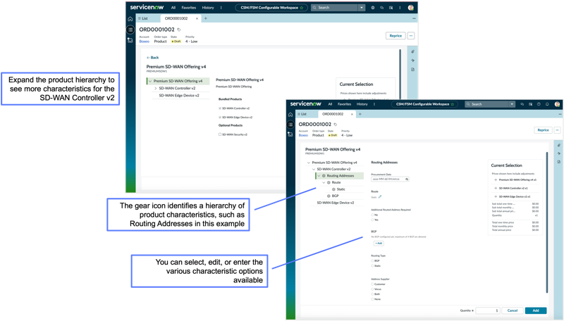 Product configurator interface showing the gear icon that identifies hierarchical product characteristics available