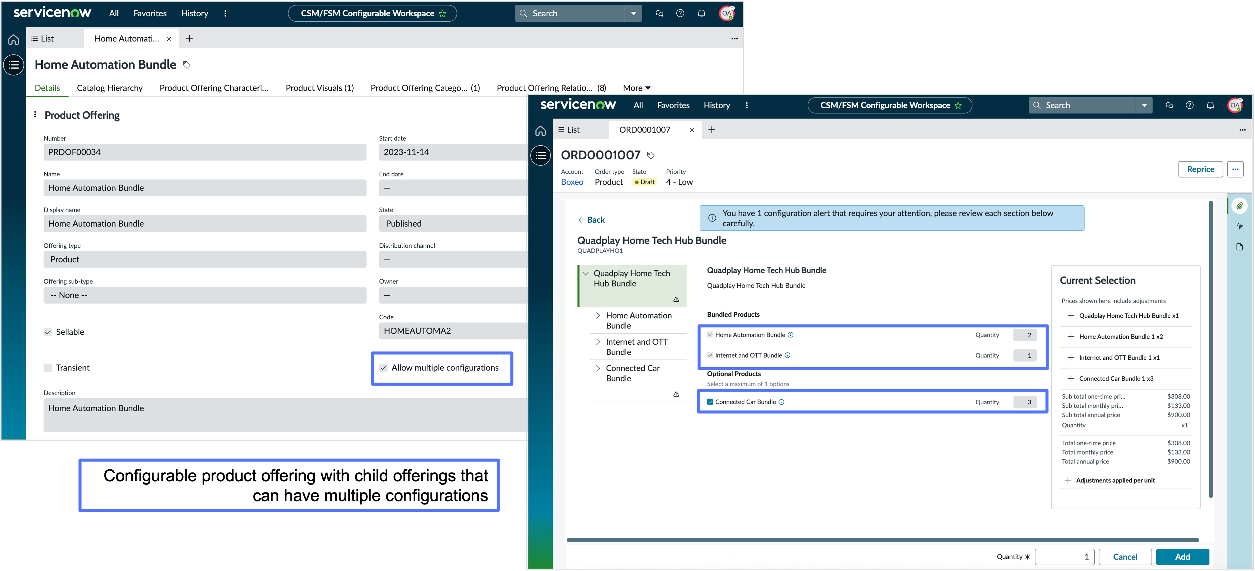 Details tab that shows Home Automation Hub product offering with Allow multiple configurations option enabled and the Quadplay Home Tech Hub Bundle configurable product offering displayed in the product configurator