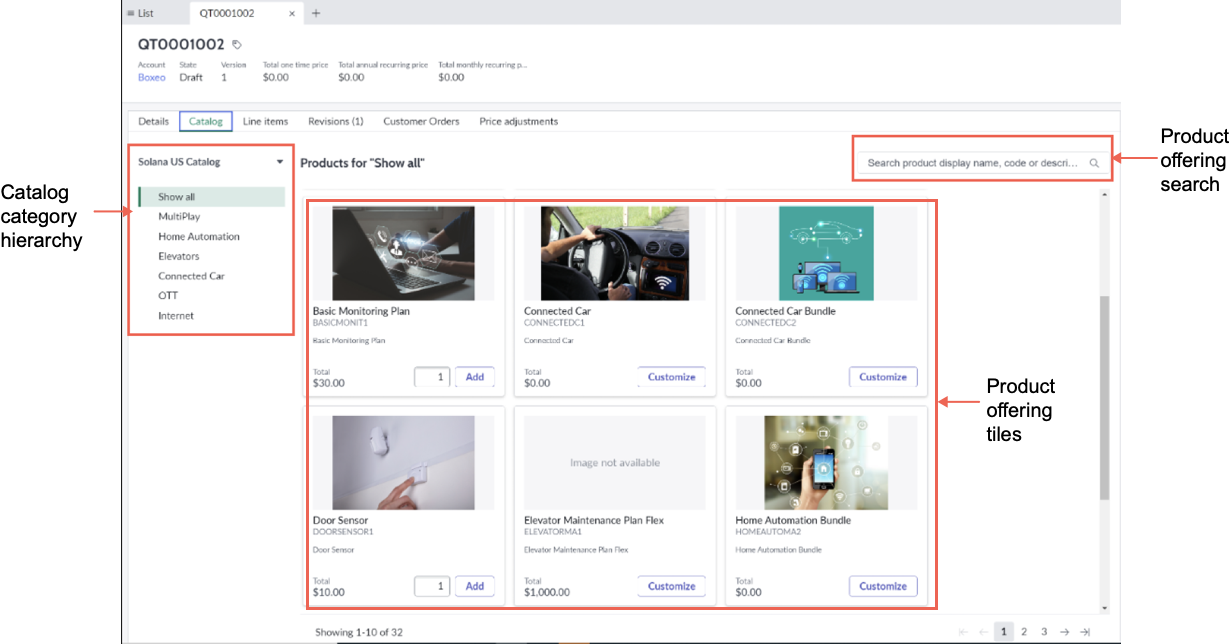 Product catalog interface that shows the product catalog hierarchy, product tiles with product images, and search option.