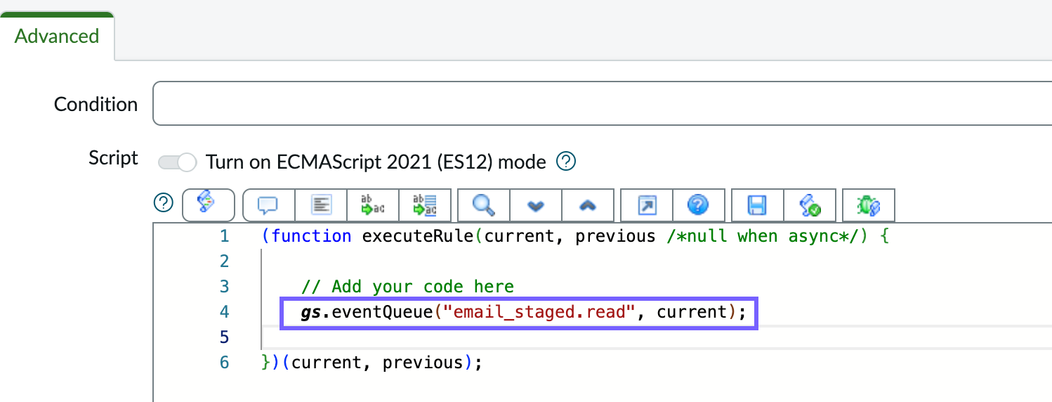 Valor do campo de script após adicionar o evento do sistema eventQueue.