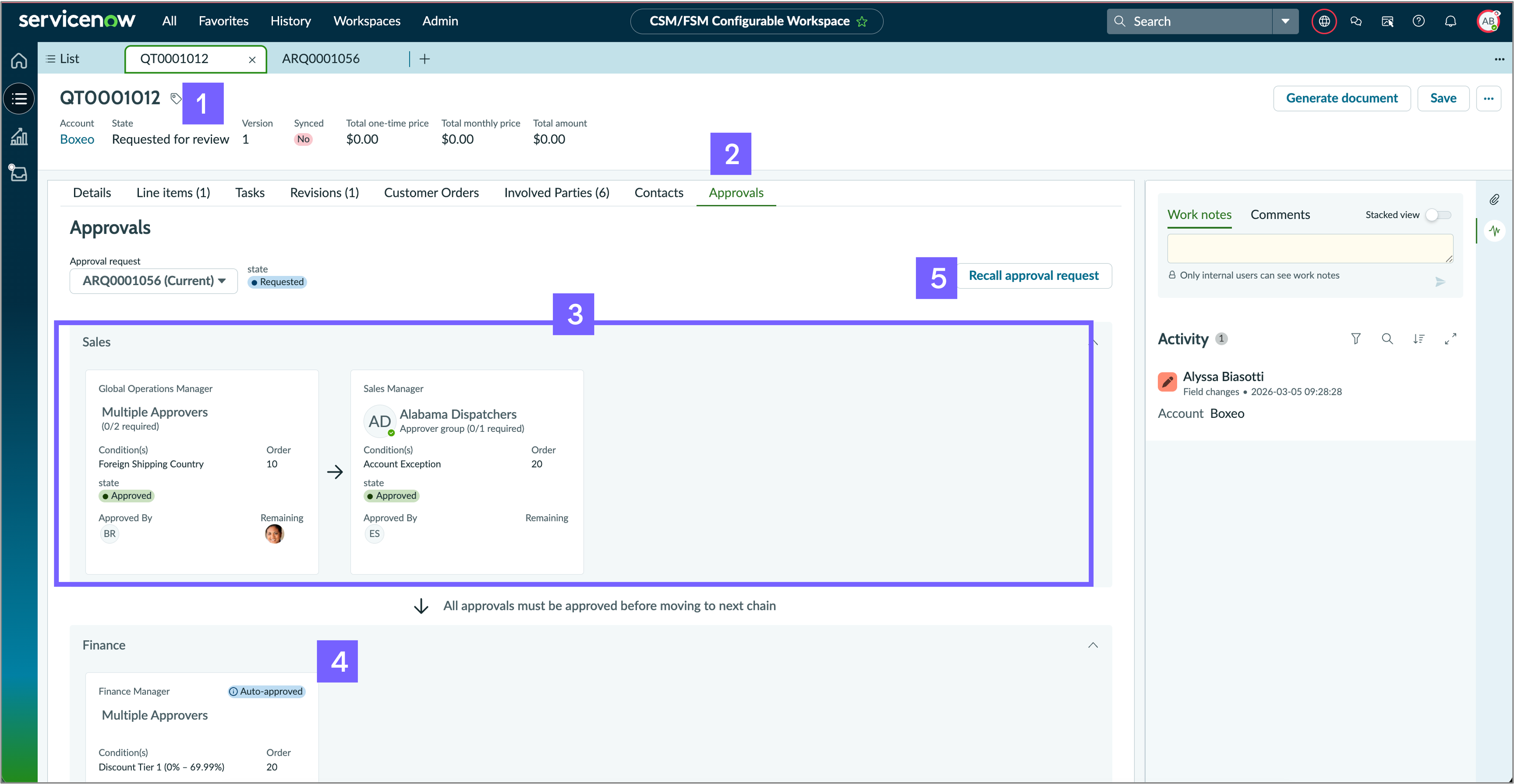 Approval workflow for a quote. The following table describes key elements of the interface.