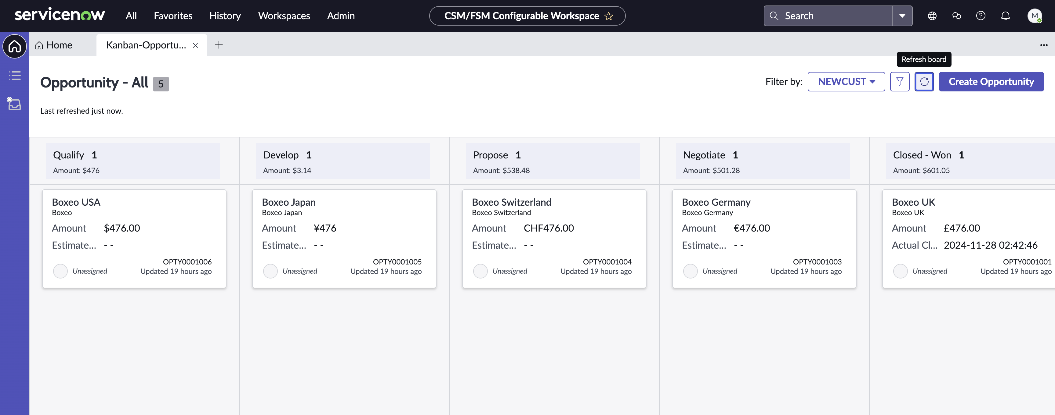The image shows the Kanban view in Opportunity Management